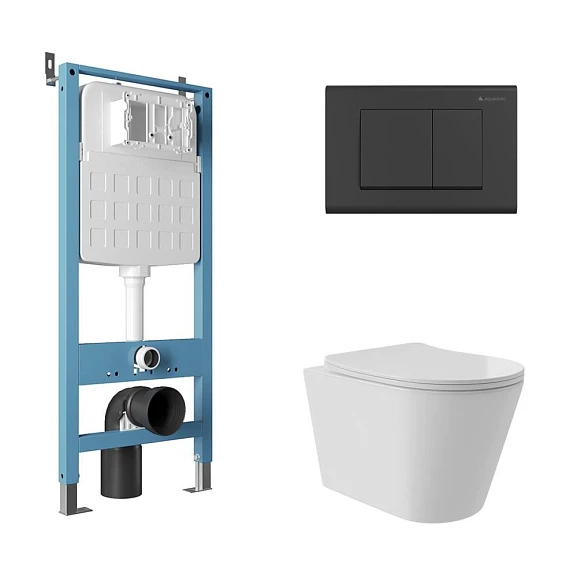 Комплект инсталляции Aqueduto Tecnica Novo с безободковым унитазом Cone Plus Tornado белый глянец, клавиша смыва Quadrado черная матовая