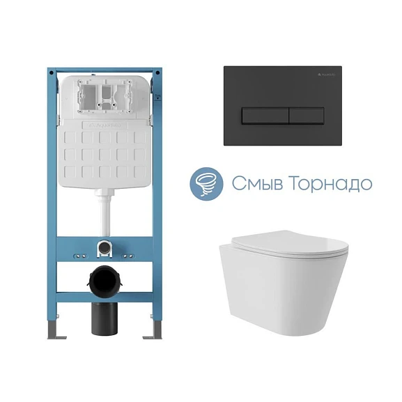 Комплект инсталляции Aqueduto Tecnica Novo с безободковым унитазом Cone Plus Tornado белый глянец, клавиша смыва Retangulo черная матовая