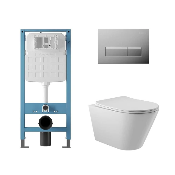 Комплект инсталляции Aqueduto Tecnica Novo с безободковым унитазом Cone белый глянец, клавиша смыва Retangulo Novo глянцевый хром