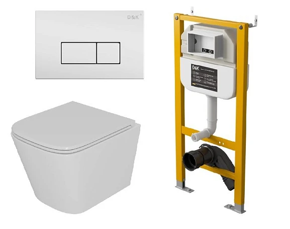 Комплект инсталляции D&K DI8050127 с безободковым унитазом Berlin Торнадо, клавиша смыва Rhein белая