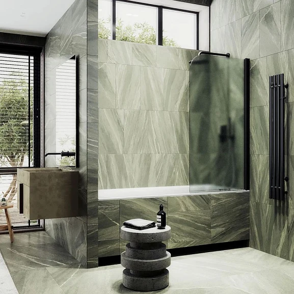 Душевая шторка на ванну MaybahGlass MGV-621-6 80*140 профиль черный матовый стекло сатин