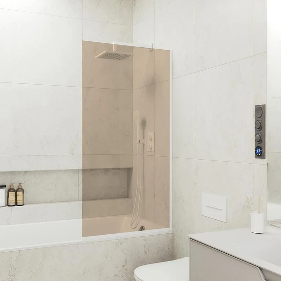 Душевая шторка на ванну MaybahGlass MGV-67-1у 50*140 профиль белый матовый стекло бронза