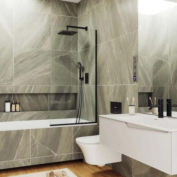 Душевая шторка на ванну MaybahGlass MGV-63-6у 70*140 профиль черный матовый стекло прозрачное