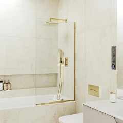 Душевая шторка на ванну MaybahGlass MGV-63-3у 70*140 профиль золото матовое стекло прозрачное