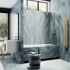 Душевая шторка на ванну MaybahGlass MGV-142-3у 54*140 профиль золото матовое стекло прозрачное