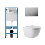 Комплект инсталляции Aqueduto Tecnica Novo с безободковым унитазом Ovo белый глянец, клавиша смыва Circulo Novo глянцевый хром