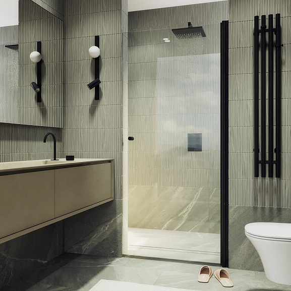 Душевая дверь в нишу MaybahGlass 60*198 профиль черный матовый стекло прозрачное без поддона